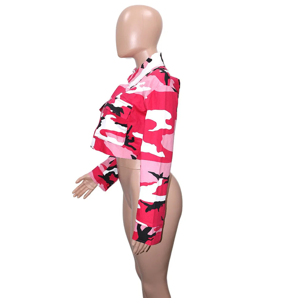 Camouflage Print Pocket Lapel Long Sleeve Short Jacket