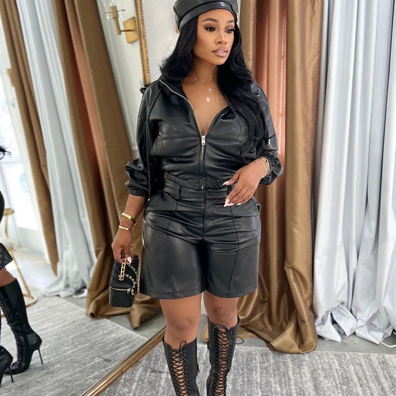 Faux Leather Two Piece Motorcycle Hooded Cropped Set