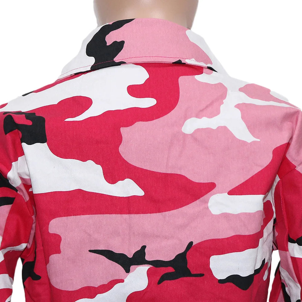 Camouflage Print Pocket Lapel Long Sleeve Short Jacket
