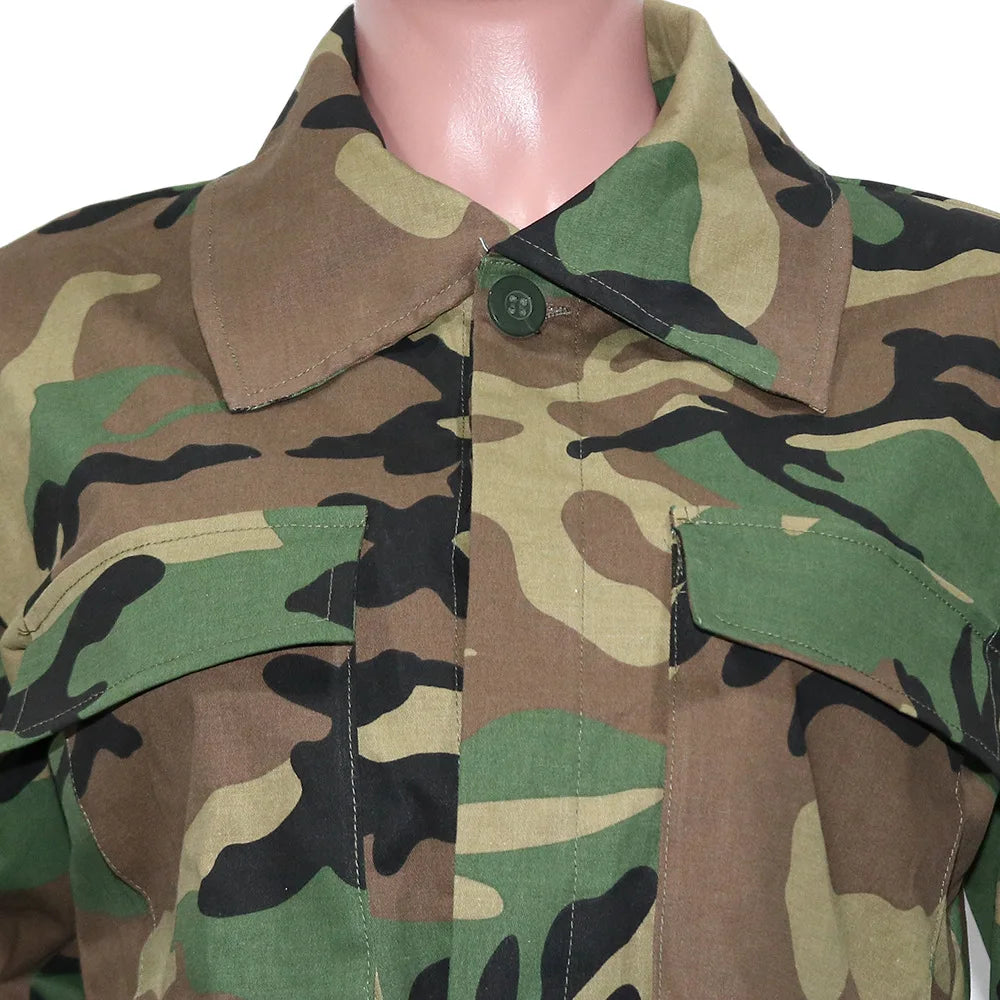 Camouflage Print Pocket Lapel Long Sleeve Short Jacket