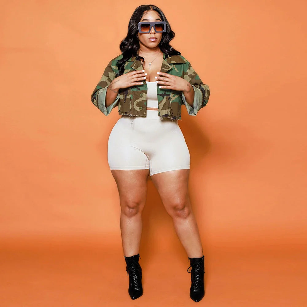 Camouflage Print Pocket Lapel Long Sleeve Short Jacket