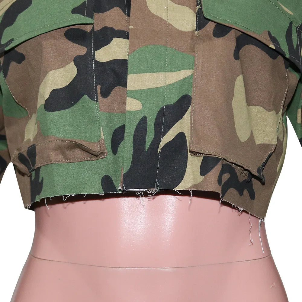 Camouflage Print Pocket Lapel Long Sleeve Short Jacket