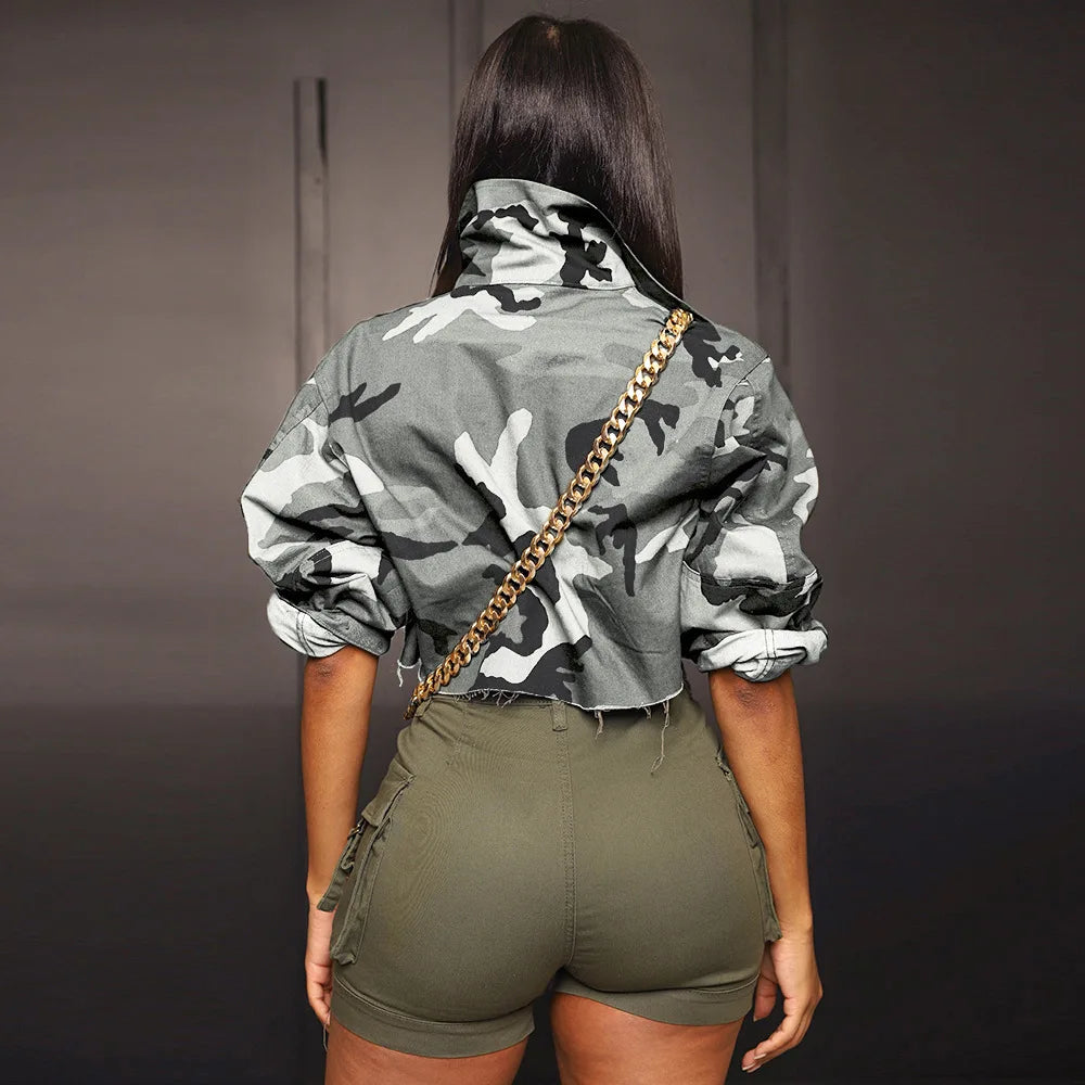Camouflage Print Pocket Lapel Long Sleeve Short Jacket