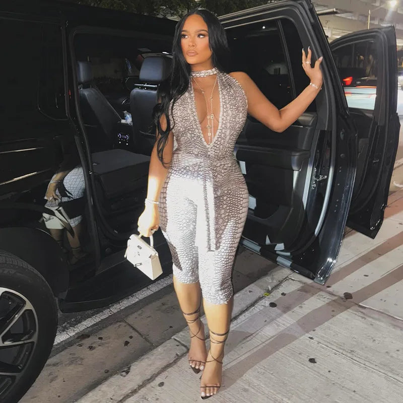 Sexy Python Print Patchwork Body-Con Jumpsuits