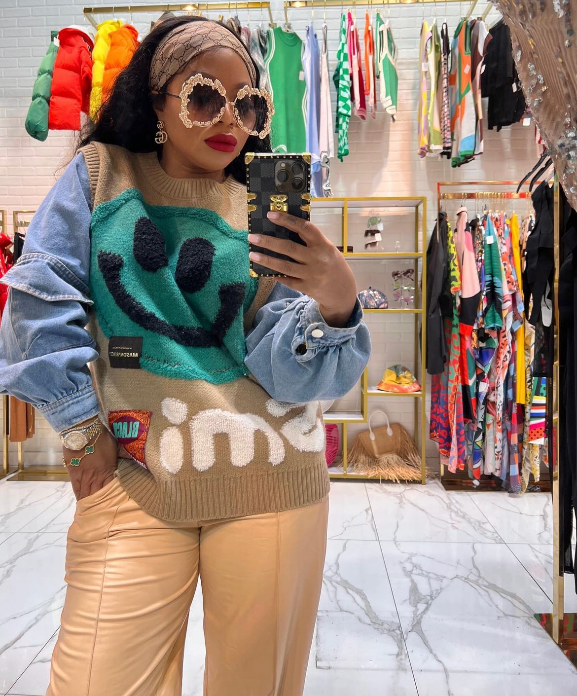 Cartoon Denim and Knit Pullover Sweater